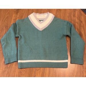 Abercrombie & Fitch XS Teal Green Varsity V-Neck Sweater Striped Knit 150S1491